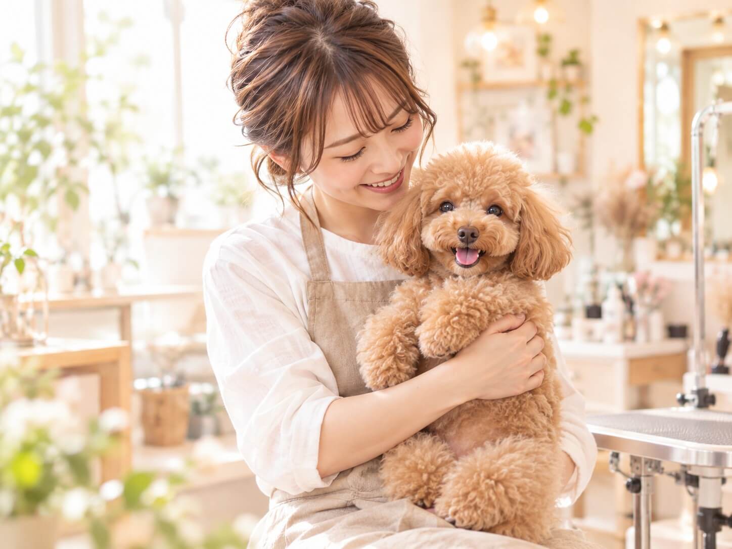 Dog Salon mocoの女性トリマーとトイプードル