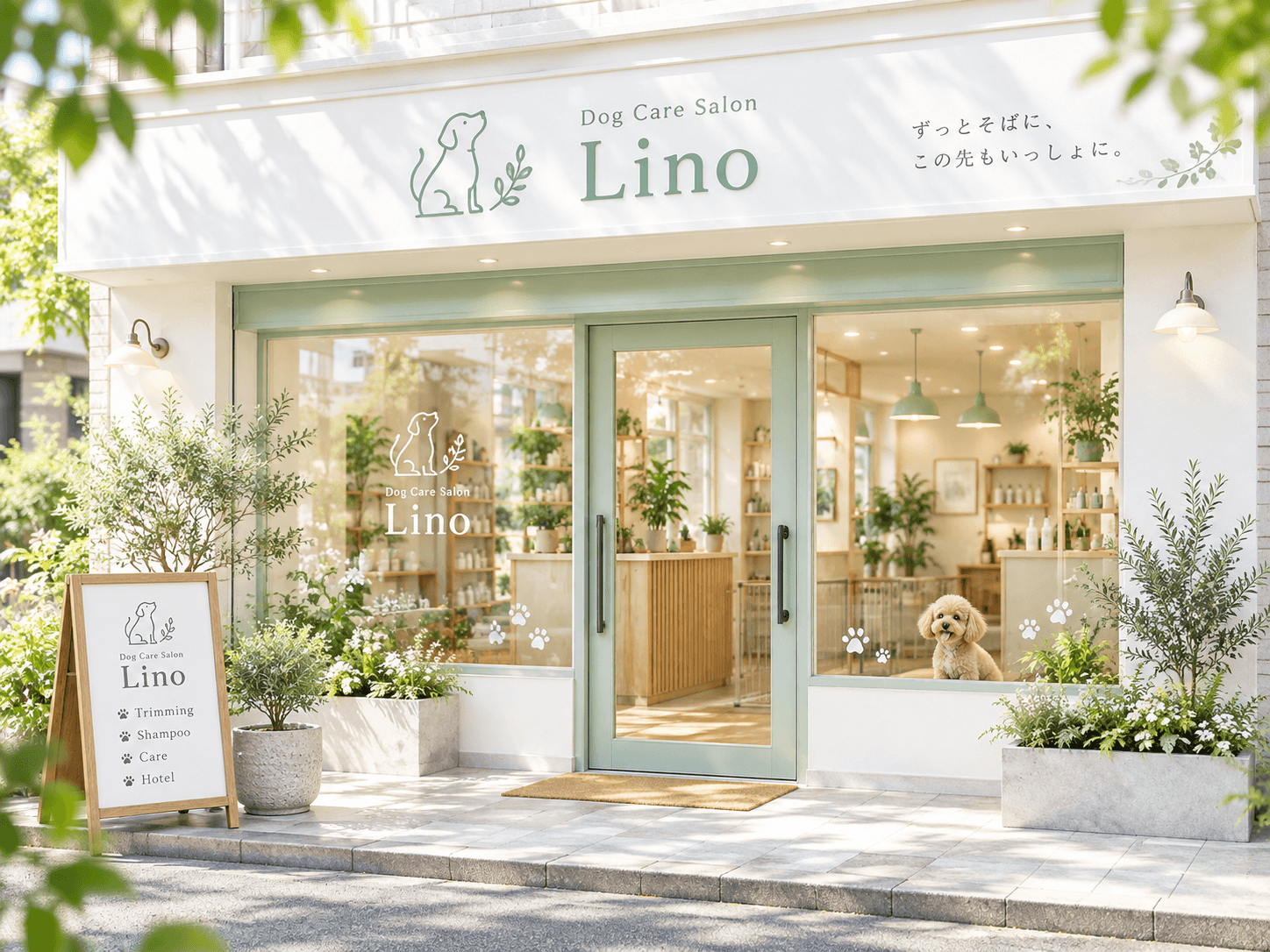 ミントグリーンの扉があるDog Care Salon Linoの店舗外観イメージ