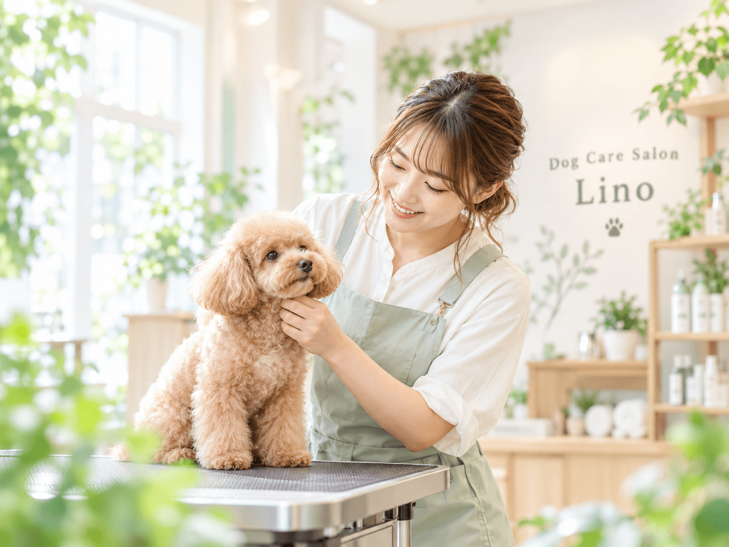 Dog Care Salon Linoでトイプードルの状態を確認する女性トリマー