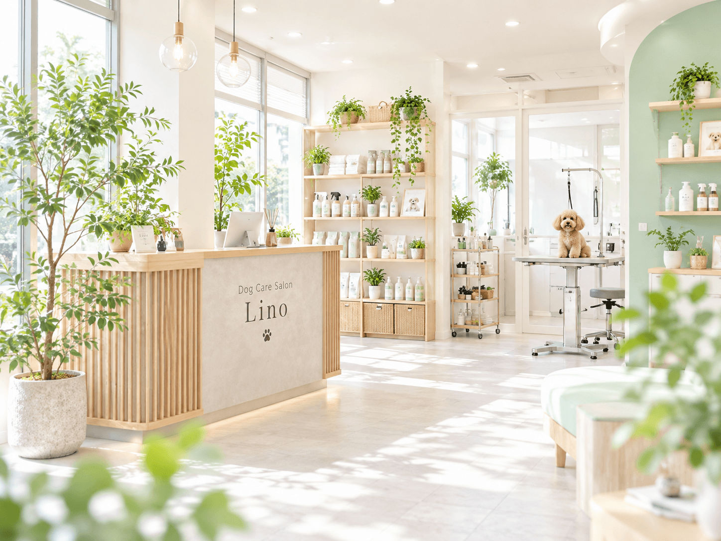 白とミントグリーンを基調にしたDog Care Salon Linoの店内
