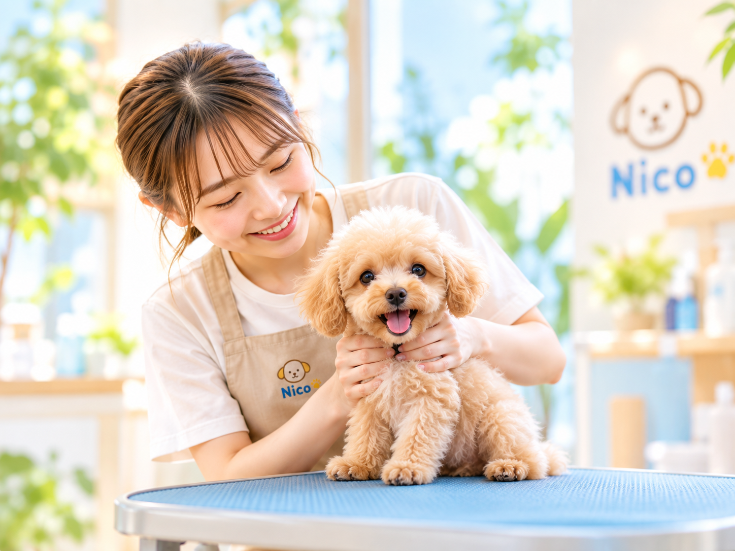 PUPPY SALON Nicoで子犬のトリミングをする女性トリマー
