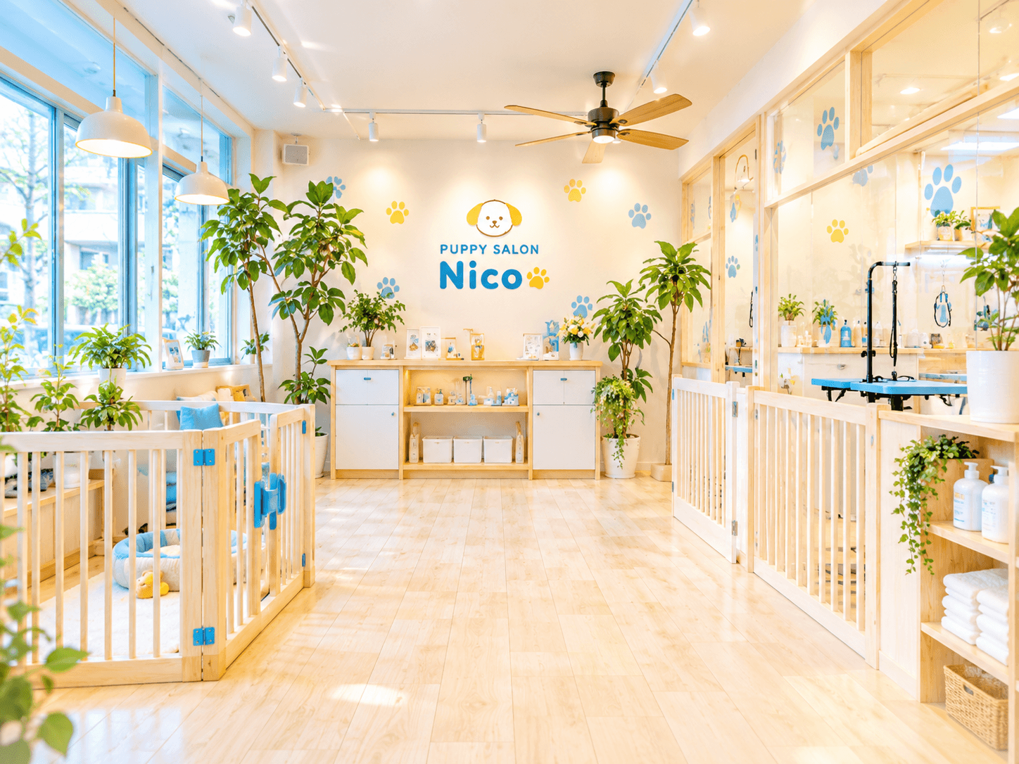 水色とイエローを取り入れたPUPPY SALON Nicoの明るい店内