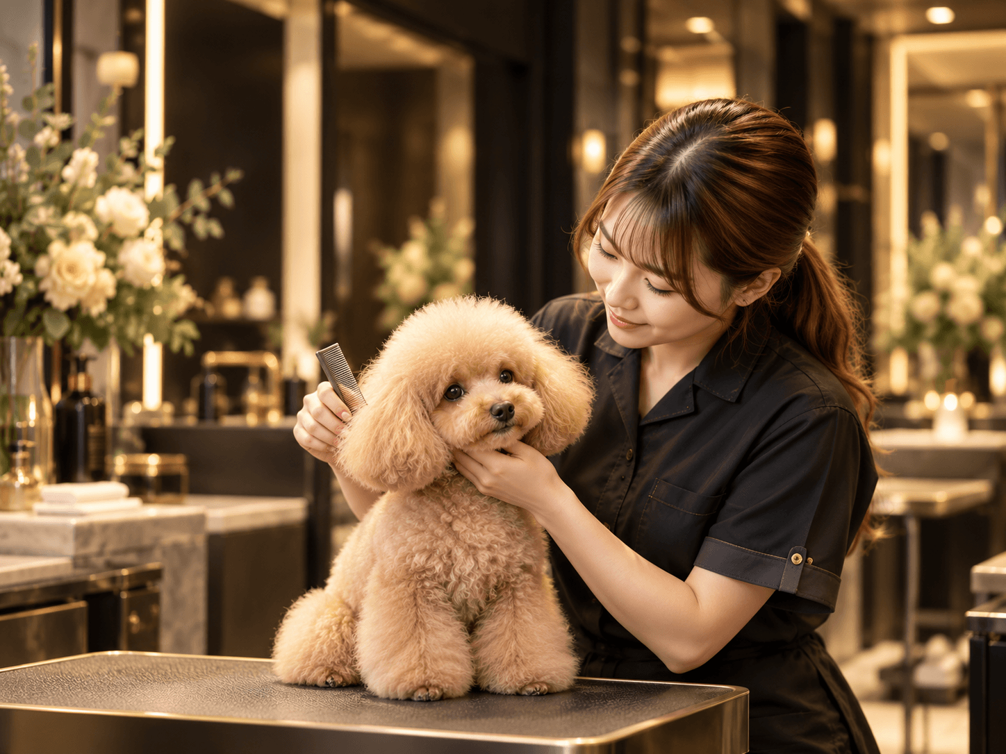 PRIVATE DOG SALON LUXEでトイプードルを丁寧にケアする女性トリマー