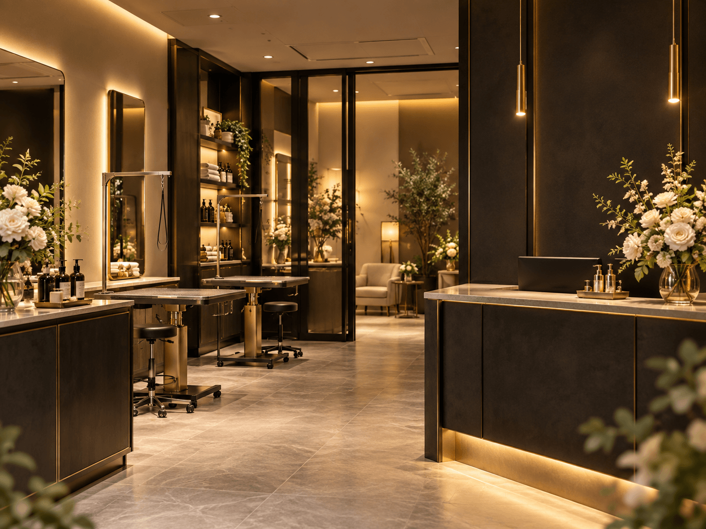 黒とゴールドを基調にしたPRIVATE DOG SALON LUXEの上質な店内