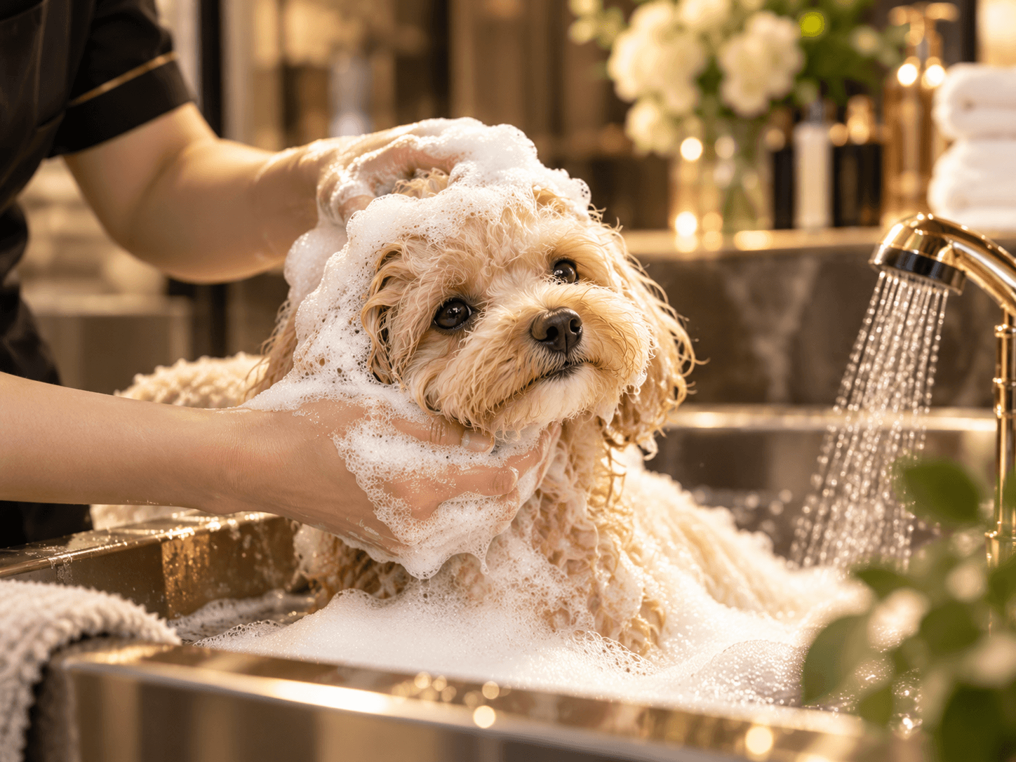 PRIVATE DOG SALON LUXEでシャンプー中のトイプードル