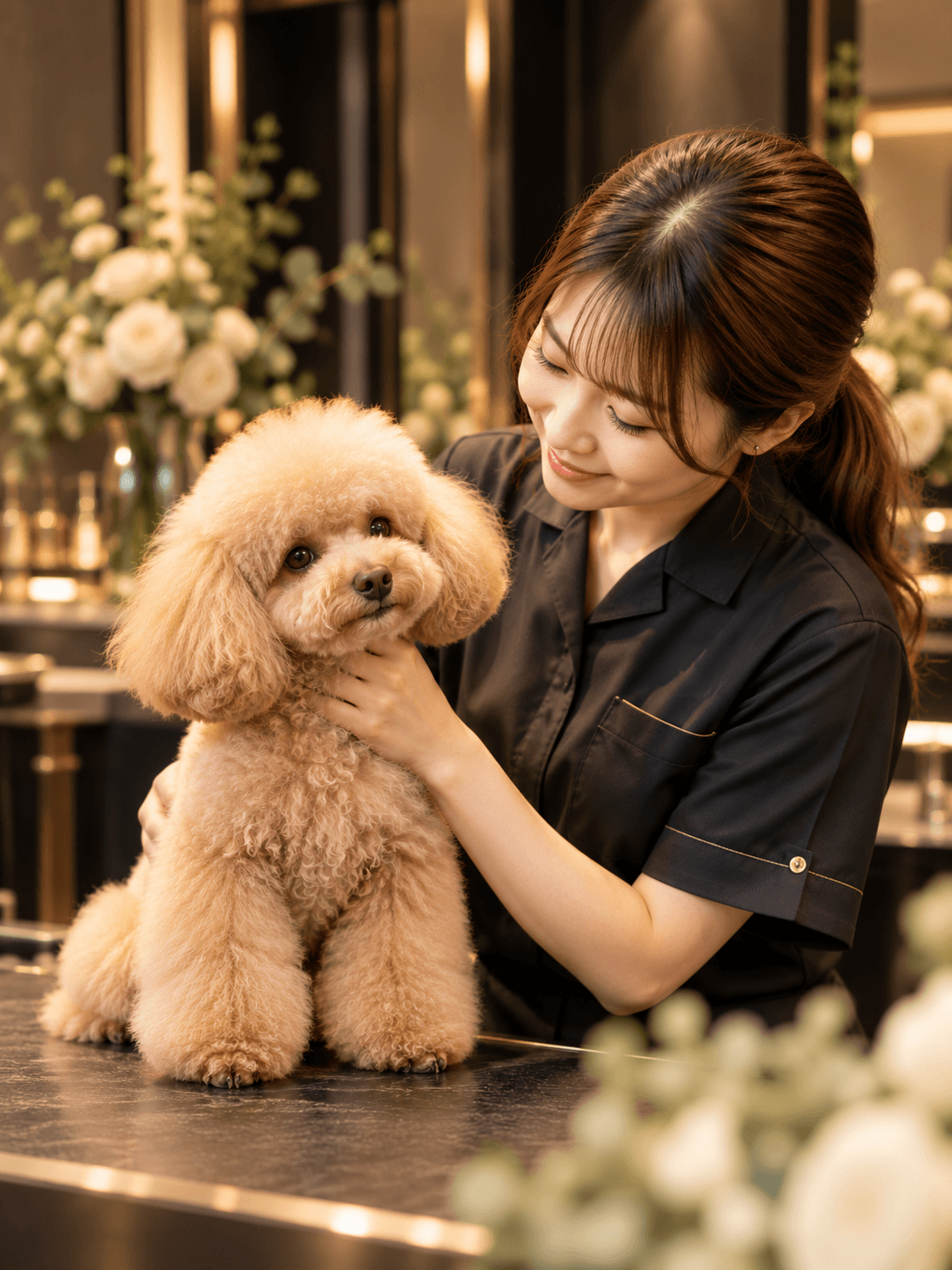 PRIVATE DOG SALON LUXEのオーナーグルーマー黒木美月とトイプードル
